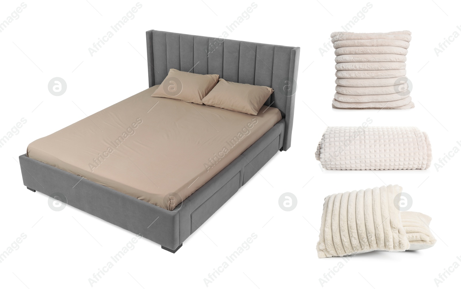 Bed with linens, pillows and blanket isolated on white, collage Image of Bed with linens, pillows and blanket isolated on white, collage