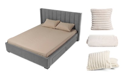 Image of Bed with linens, pillows and blanket isolated on white, collage