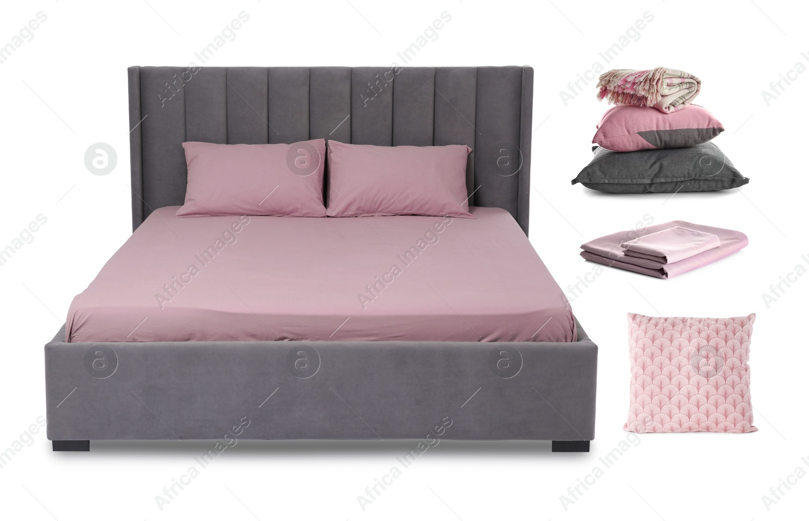 Bed, linens, pillows and blanket isolated on white, collage Image of Bed, linens, pillows and blanket isolated on white, collage