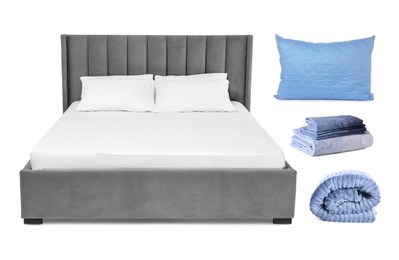 Image of Bed, linens, pillows and blanket isolated on white, collage