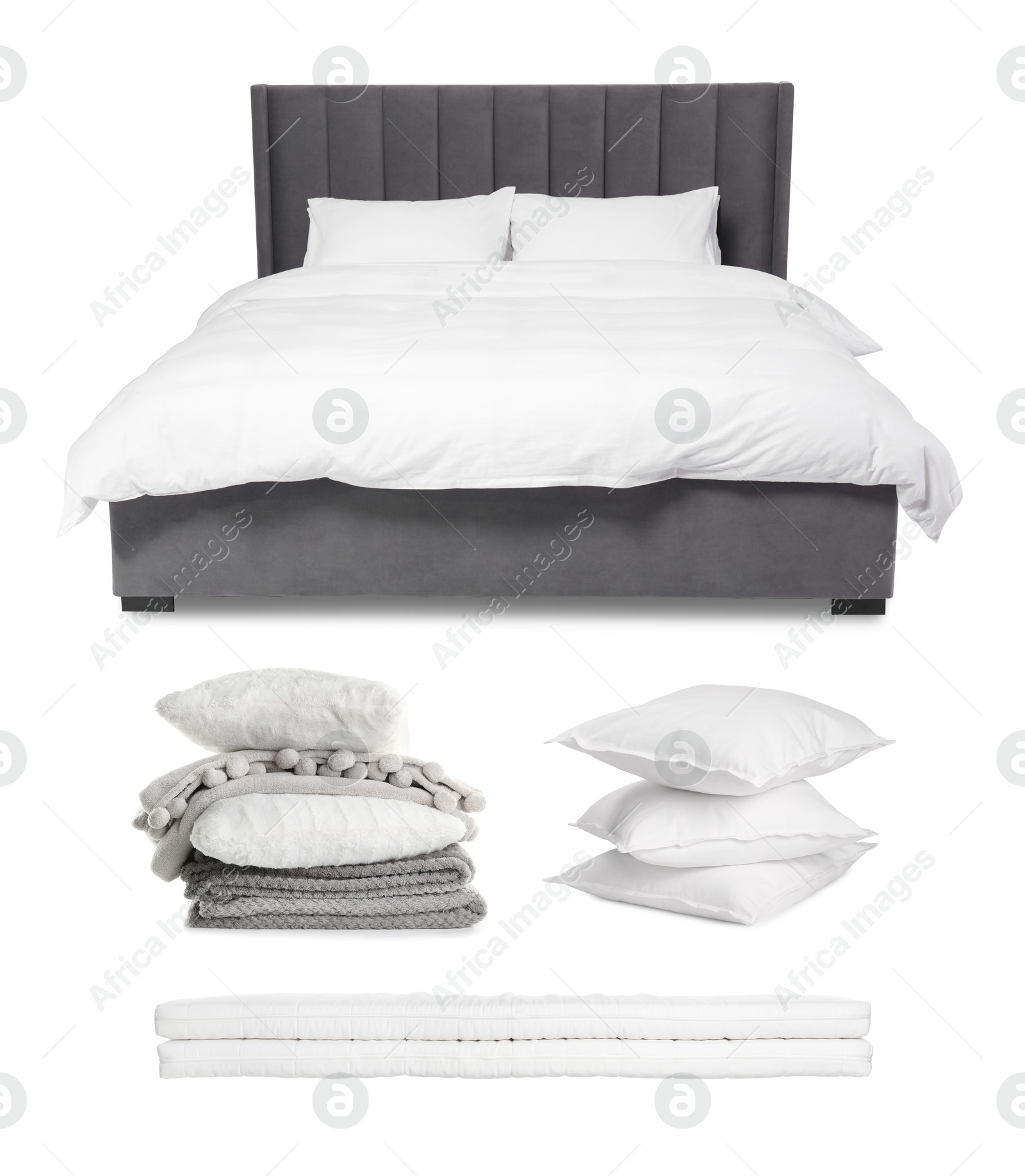 Made-up bed, pillows, blanket and mattress isolated on white, collage Image of Made-up bed, pillows, blanket and mattress isolated on white, collage