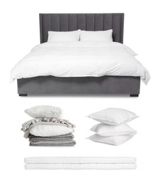 Image of Made-up bed, pillows, blanket and mattress isolated on white, collage