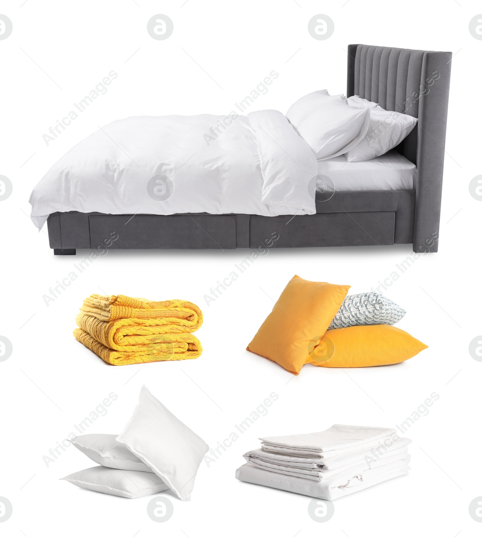 Made-up bed, pillows, blanket and linens isolated on white, collage Image of Made-up bed, pillows, blanket and linens isolated on white, collage