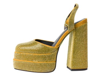 Image of Fashionable punk square toe ankle strap pump on white background. Shiny party platform high heeled shoe