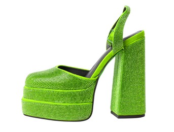 Image of Fashionable punk square toe ankle strap pump on white background. Shiny party platform high heeled shoe