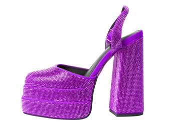 Image of Fashionable punk square toe ankle strap pump on white background. Shiny party platform high heeled shoe