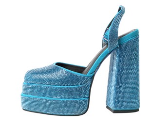 Image of Fashionable punk square toe ankle strap pump on white background. Shiny party platform high heeled shoe