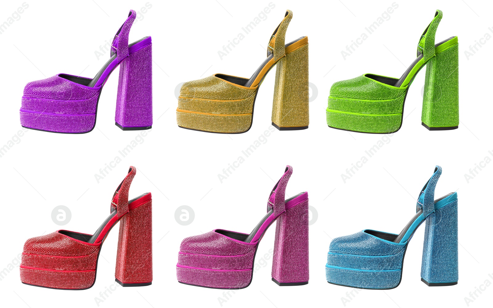Fashionable punk square toe ankle strap pumps in different colors on white background, collage. Shiny party platform high heeled shoes Image of Fashionable punk square toe ankle strap pumps in different colors on white background, collage. Shiny party platform high heeled shoes