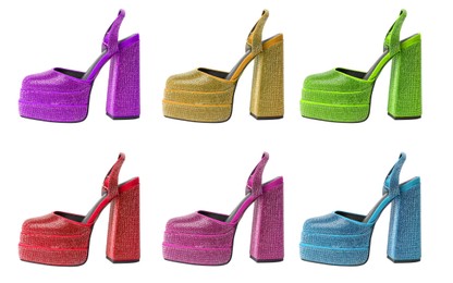 Image of Fashionable punk square toe ankle strap pumps in different colors on white background, collage. Shiny party platform high heeled shoes