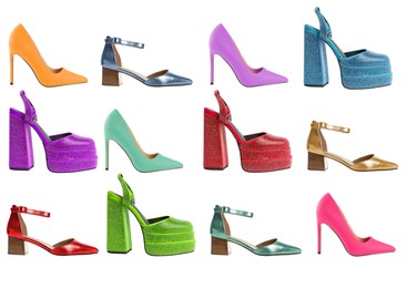 Image of Fashionable high heeled shoes on white background, collage