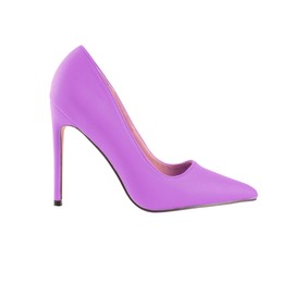 Image of One stylish violet high heeled shoe on white background