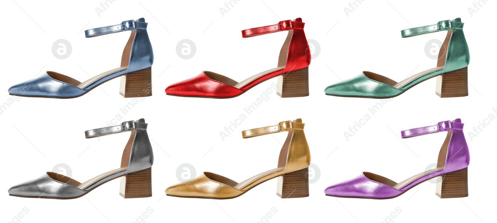 Fashionable high heeled shoes in different colors on white background, set Image of Fashionable high heeled shoes in different colors on white background, set