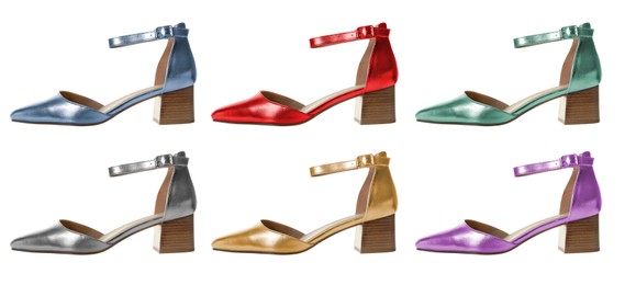 Image of Fashionable high heeled shoes in different colors on white background, set
