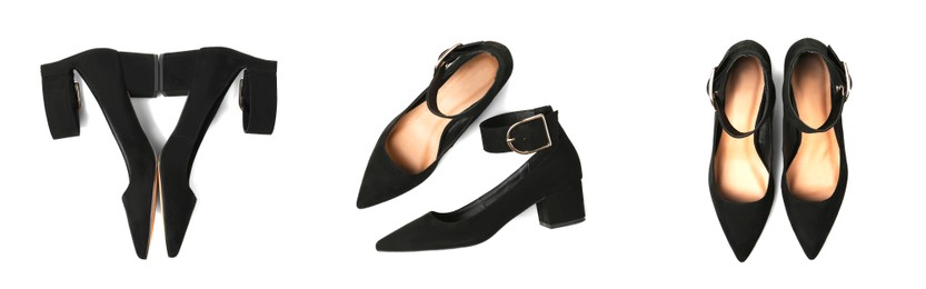 Image of Stylish black high heeled shoes on white background, set. Top view