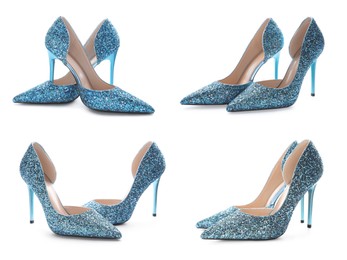 Image of Fashionable sparkly high heeled shoes on white background, set