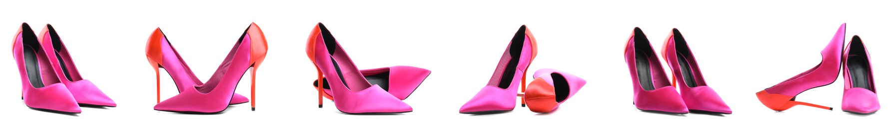 Image of Fashionable high heeled shoes on white background, set