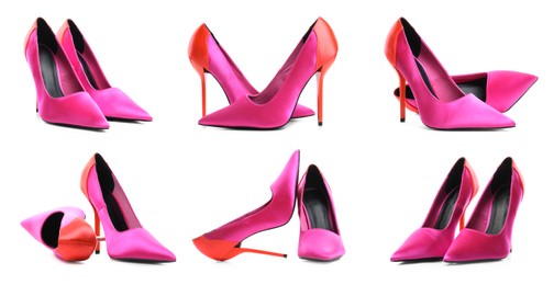 Image of Fashionable high heeled shoes on white background, set