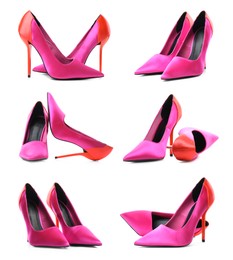 Image of Fashionable high heeled shoes on white background, set