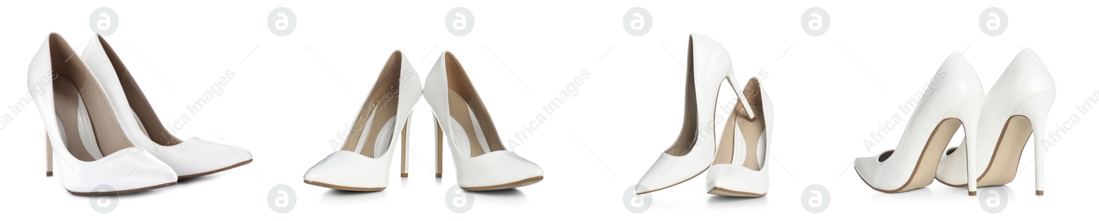 Fashionable high heeled shoes on white background, set Image of Fashionable high heeled shoes on white background, set