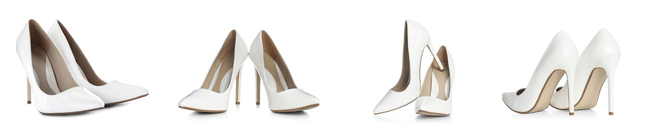Image of Fashionable high heeled shoes on white background, set