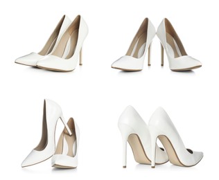 Image of Fashionable high heeled shoes on white background, set