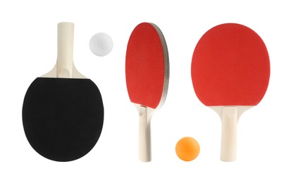 Image of Ping pong rackets and balls isolated on white, set