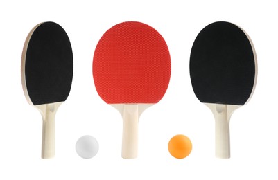 Image of Ping pong rackets and balls isolated on white, set