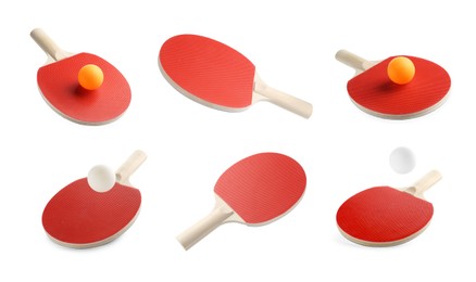 Image of Ping pong racket and balls isolated on white, set