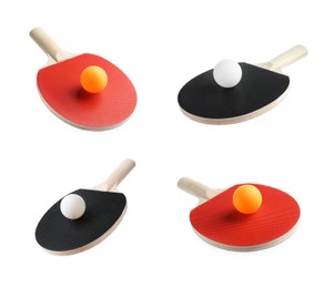 Image of Ping pong rackets and balls isolated on white, set