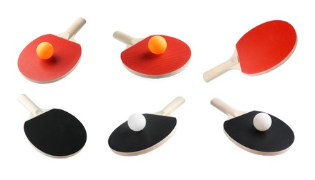 Image of Ping pong rackets and balls isolated on white, set