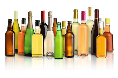 Image of Bottles with different types of alcoholic drinks on white background, set