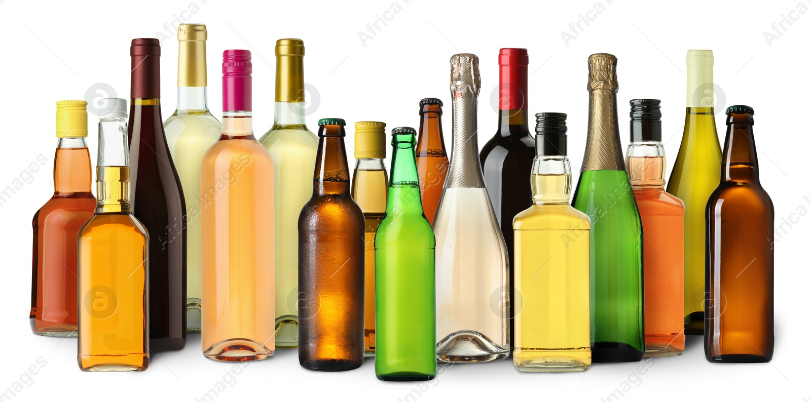 Bottles with different types of alcoholic drinks on white background, set Image of Bottles with different types of alcoholic drinks on white background, set