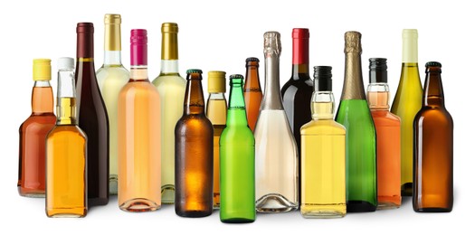 Image of Bottles with different types of alcoholic drinks on white background, set