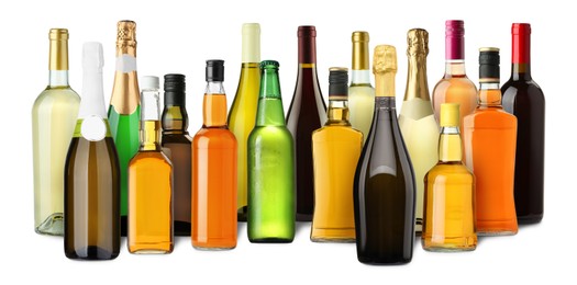 Image of Bottles with different types of alcoholic drinks on white background, set