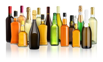 Image of Bottles with different types of alcoholic drinks on white background, set