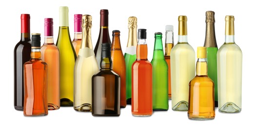 Image of Bottles with different types of alcoholic drinks on white background, set