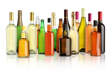 Image of Bottles with different types of alcoholic drinks on white background, set