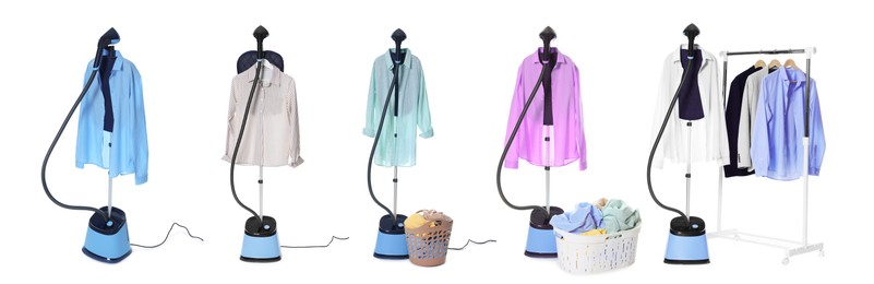 Image of Modern upright steamer and clothes isolated on white, set