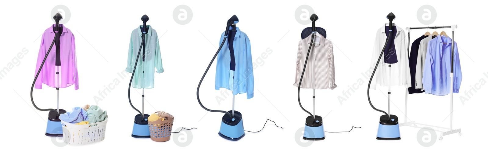 Modern upright steamer and clothes isolated on white, set Image of Modern upright steamer and clothes isolated on white, set
