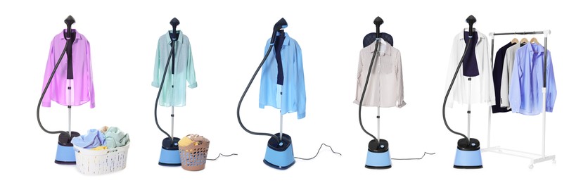 Image of Modern upright steamer and clothes isolated on white, set