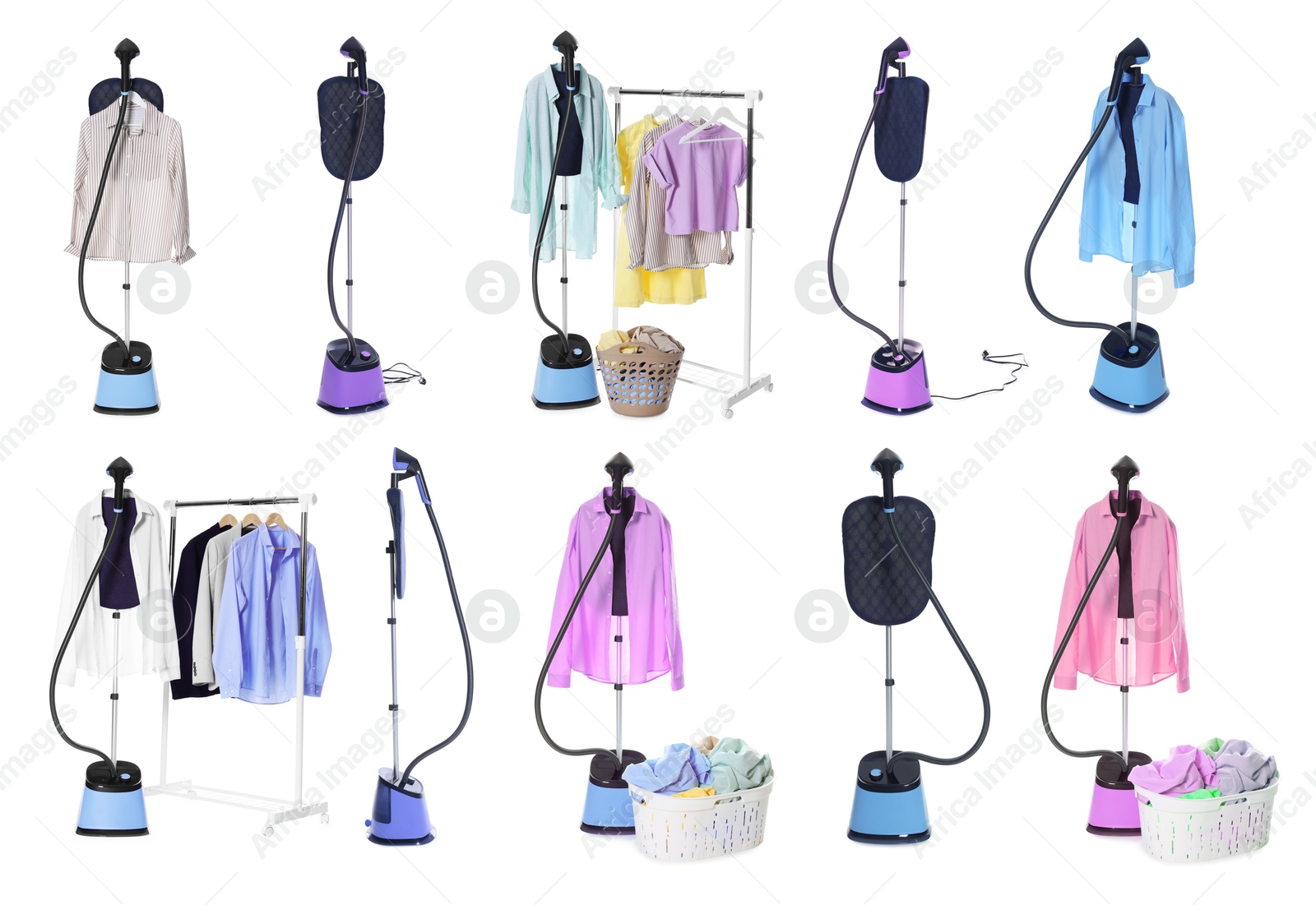Modern upright steamers and clothes isolated on white, set Image of Modern upright steamers and clothes isolated on white, set