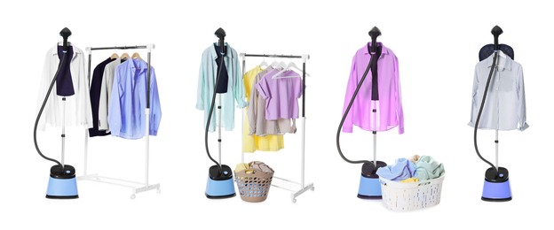 Image of Modern upright steamer and clothes isolated on white, set