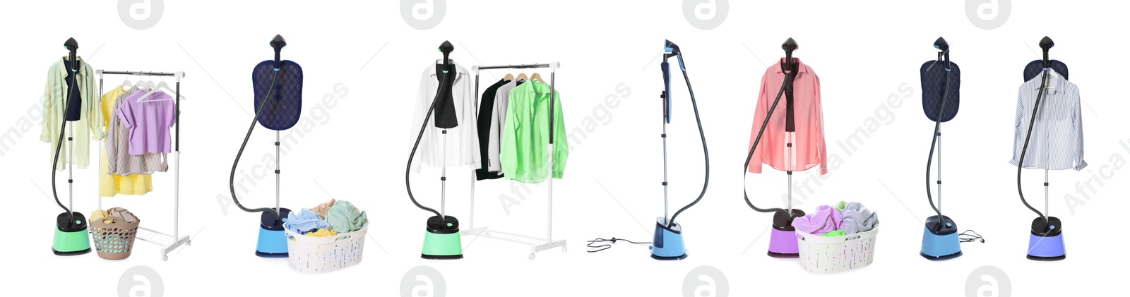Image of Modern upright steamers and clothes isolated on white, set