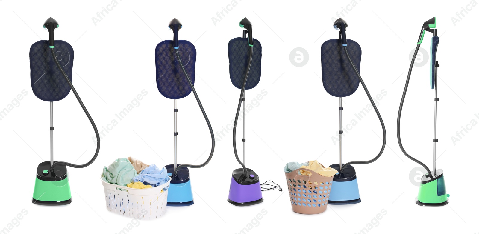 Image of Modern upright steamers and clothes isolated on white, set