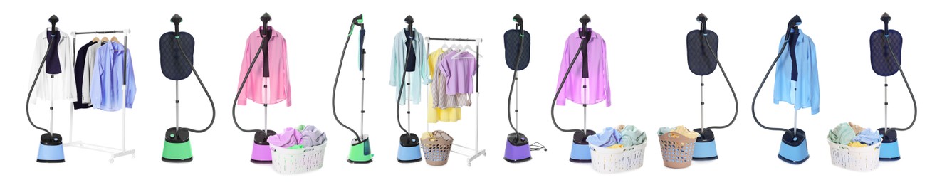 Image of Modern upright steamers and clothes isolated on white, set