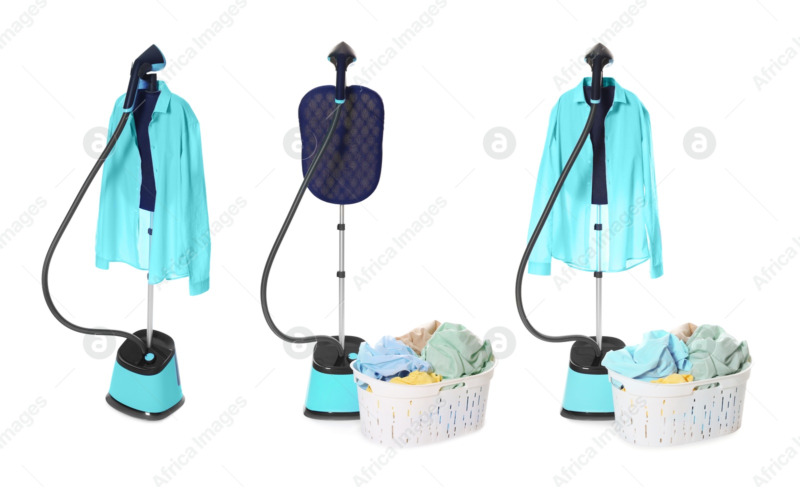 Modern upright steamer and clothes isolated on white, set Image of Modern upright steamer and clothes isolated on white, set