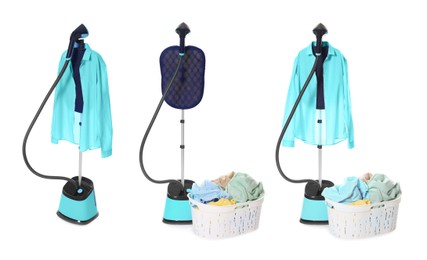 Image of Modern upright steamer and clothes isolated on white, set