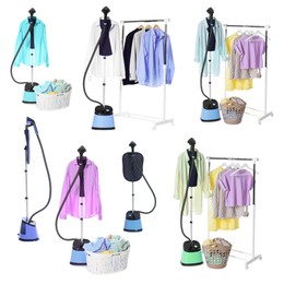 Image of Modern upright steamers and clothes isolated on white, set