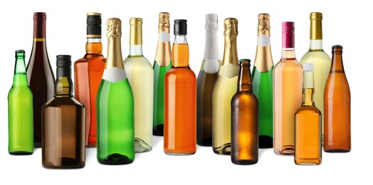 Image of Bottles with different types of alcoholic drinks on white background, set