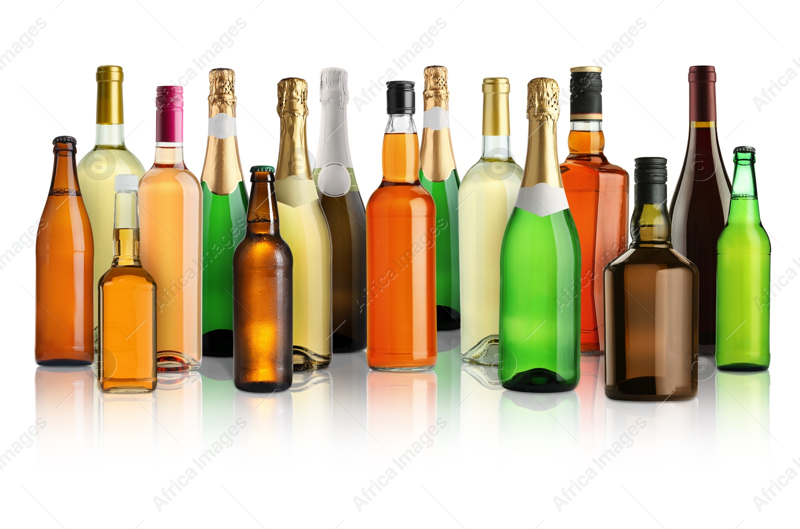 Bottles with different types of alcoholic drinks on white background, set Image of Bottles with different types of alcoholic drinks on white background, set